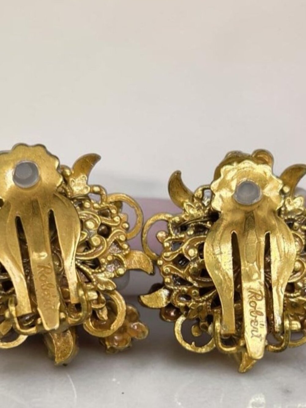 Vintage Signed Robert Pink Flower Cluster Clip-On Earrings Mid-Century 1950s - Picture 6 of 12